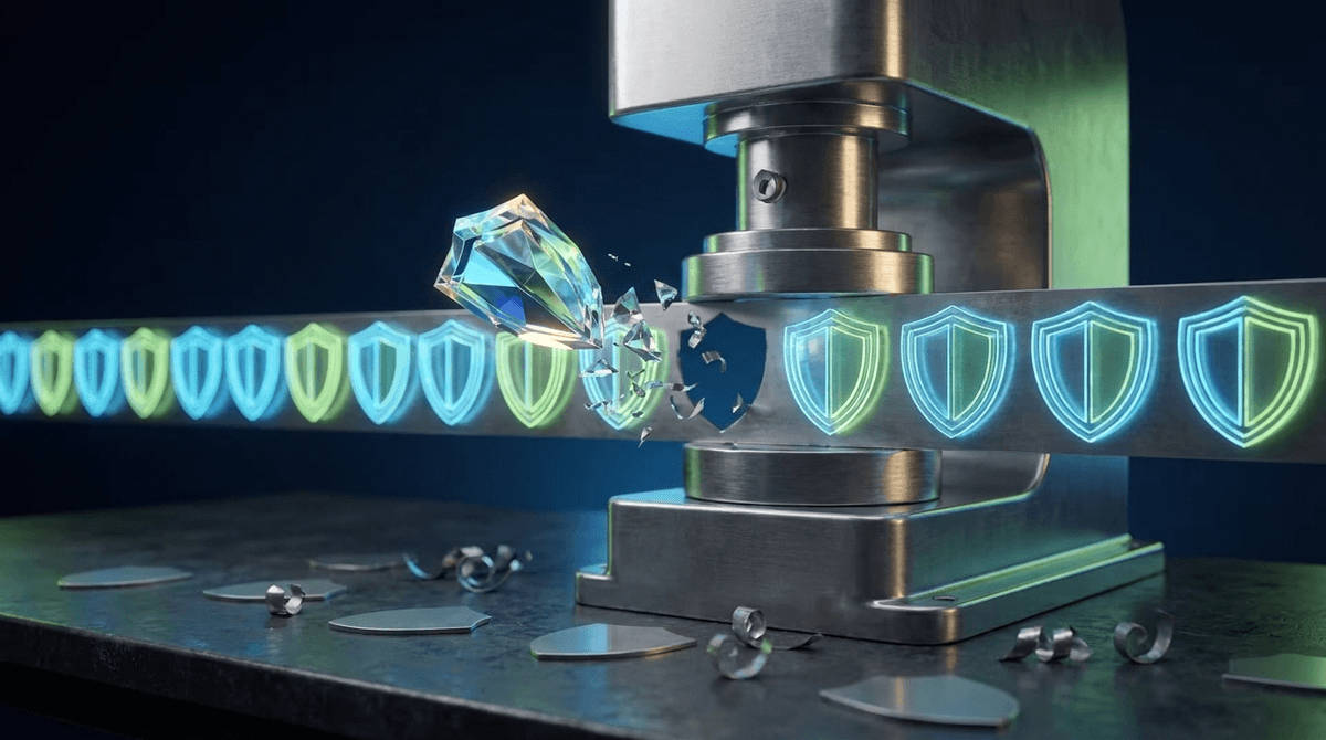 A stamping press punching identical glowing emblems while one breaks free and becomes a unique crystal shape