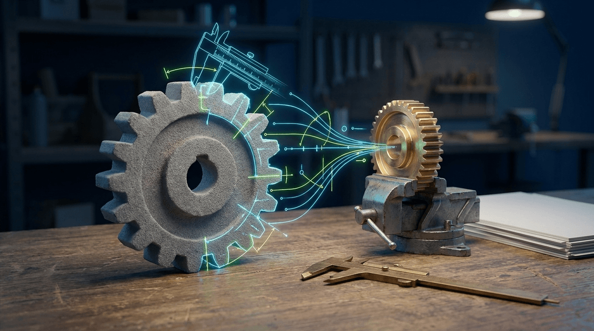 A rough foam gear maquette on a workbench dissolving into glowing measurement lines that flow into a precisely machined brass gear held in a vise.