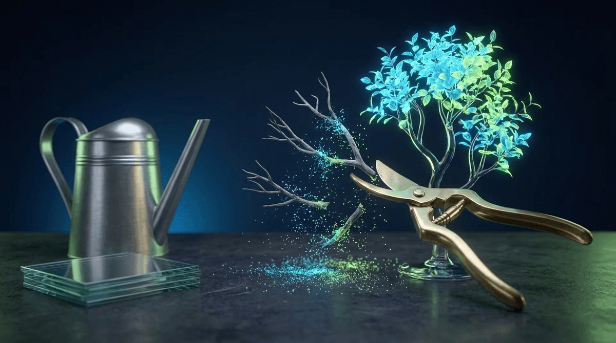 Brass pruning shears mid-cut on a miniature glass topiary, dry branches falling away as glowing dust while the remaining stems brighten with new foliage