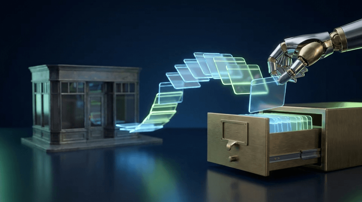 A miniature glass storefront on a dark desk beside a brass card-catalogue drawer, glowing index cards rising from the drawer toward a robotic hand that is choosing one