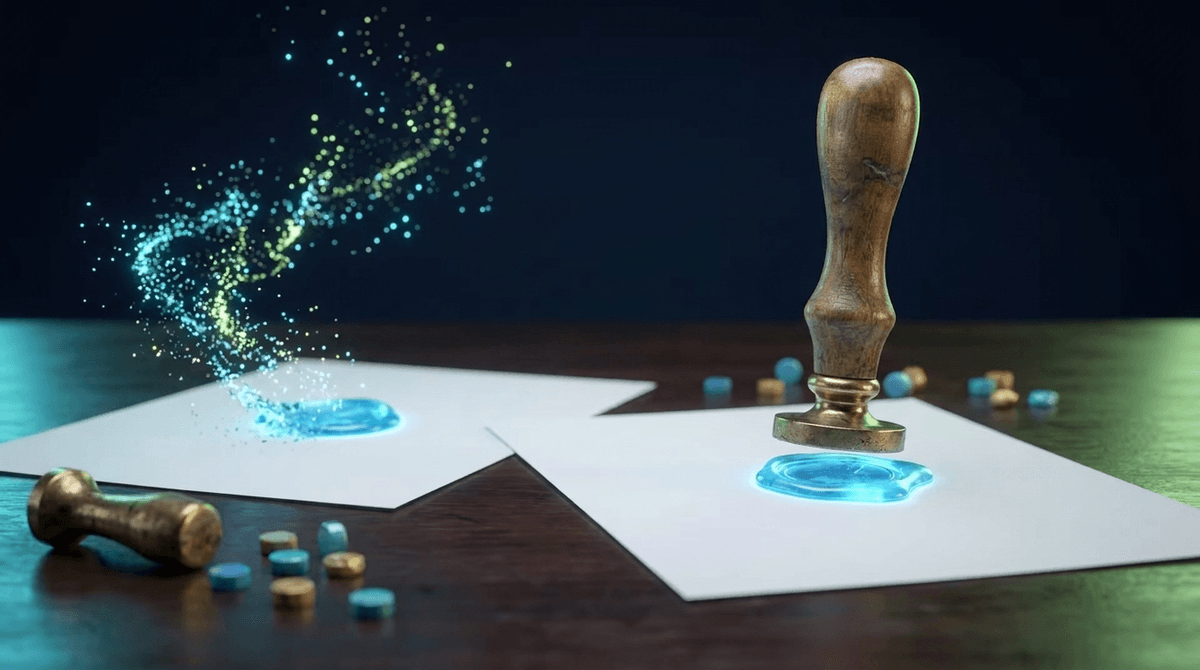 A brass stamp pressing a glowing wax seal that holds its shape on one document and dissolves into drifting light on the blank one beside it